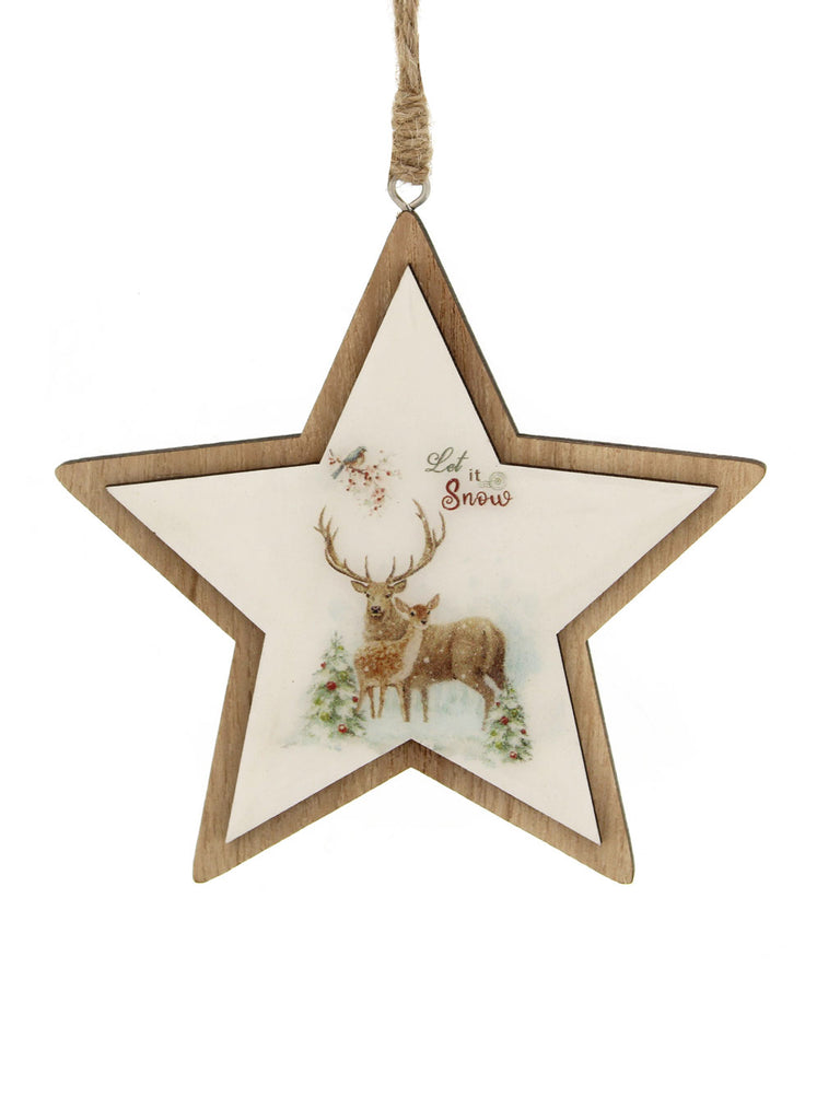 11cm Hanging Wooden Natural/White Reindeer Star