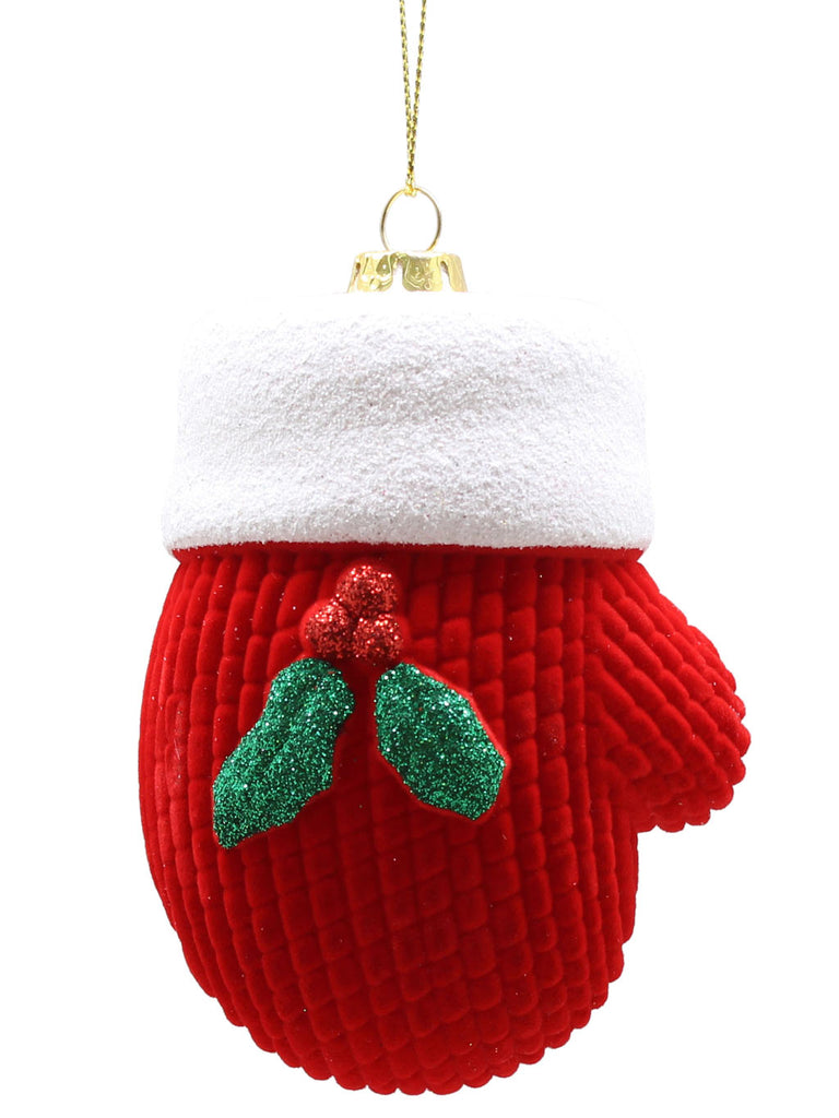 9cm Red Flocked Mitten with Green Holly