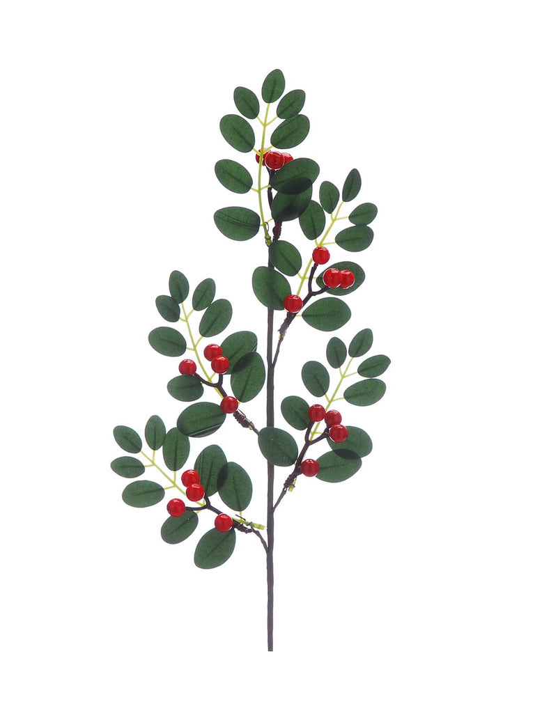 52cm Red Berries / Green Leaves Stem