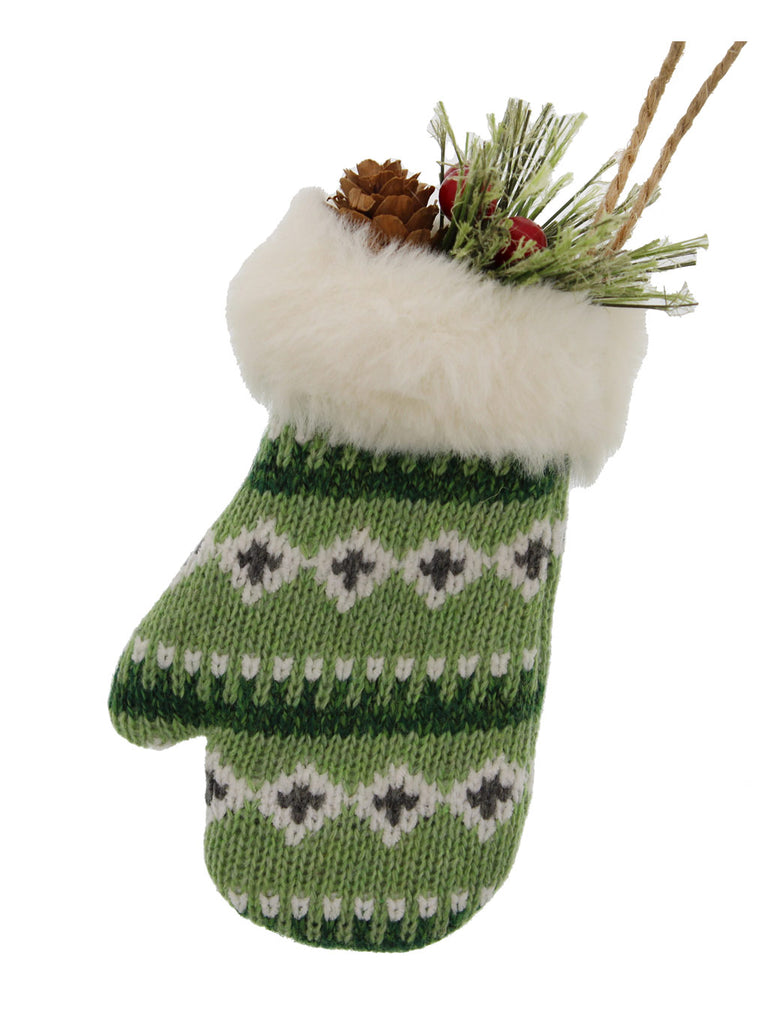 10cm Hanging Green/Cream Woollen Mitten
