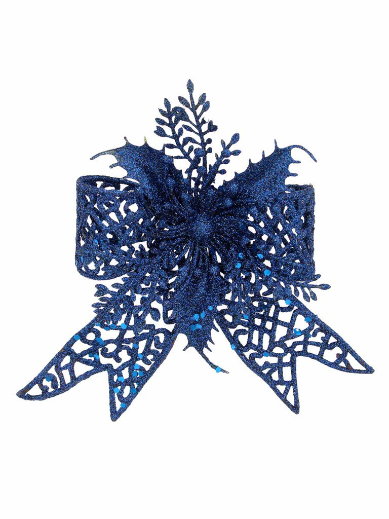 19cm Glitter Hanging Bow Blue