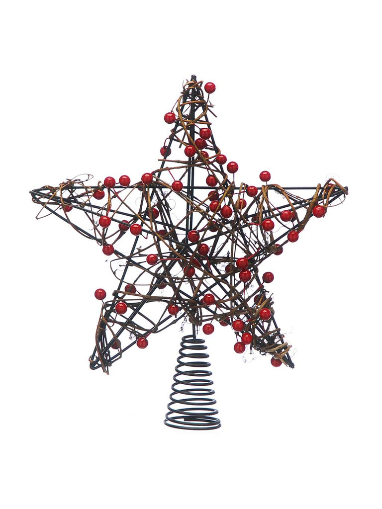 30cm Black Metal Star Tree Topper with Red Berries