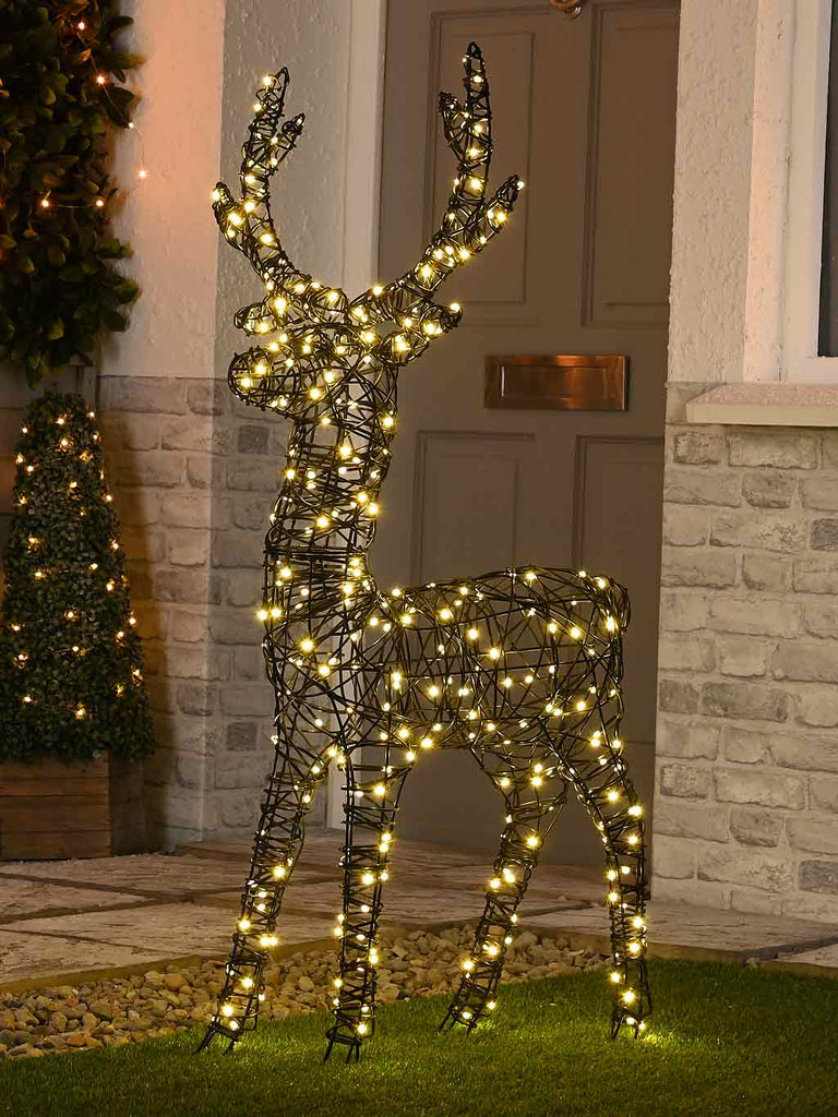 125cm Lit Black Faux Rattan Stag - Warm White