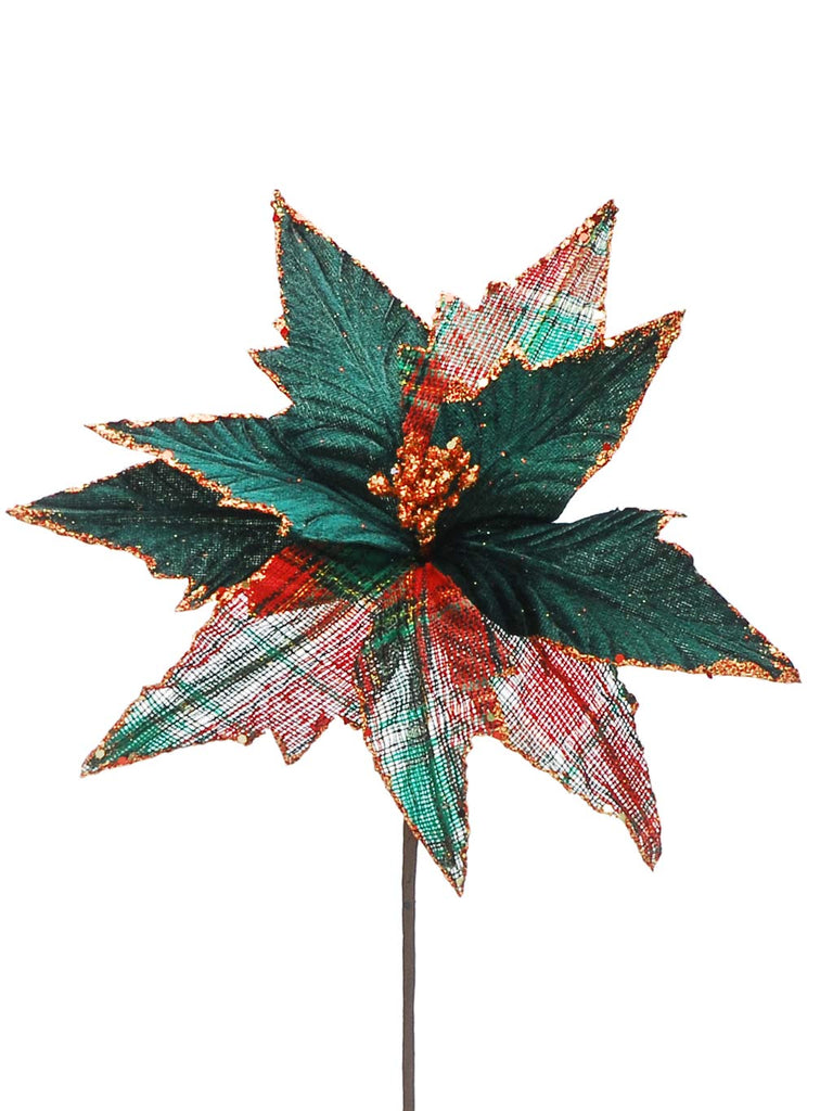 54cm Green/Red Tartan Poinsettia Stem