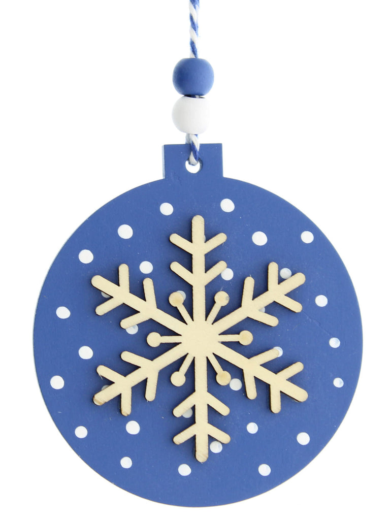8cm Hanging Blue Wooden Disc with Snowflake