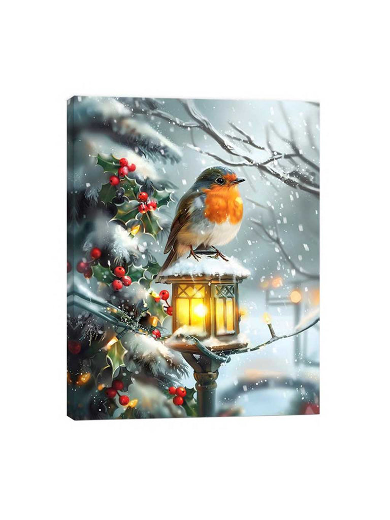 40cm B/O Lit Fibre Optic Robin on Lamppost Canvas