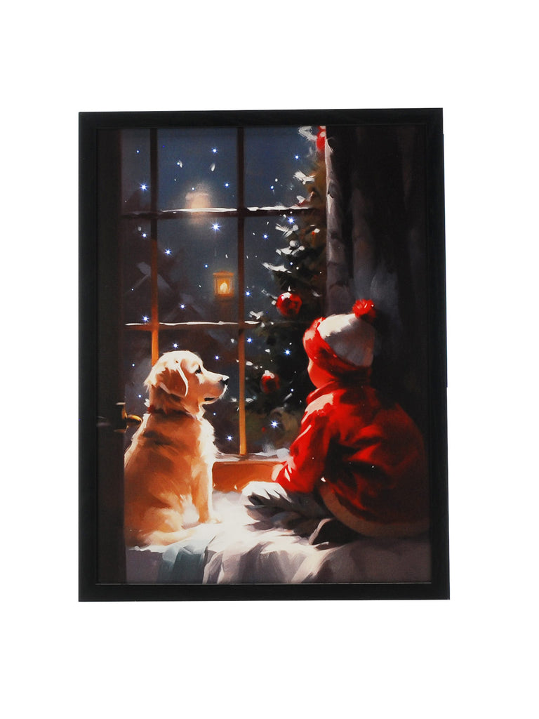 40cm B/O Lit Fibre Optic Child/Dog Scene with Frame
