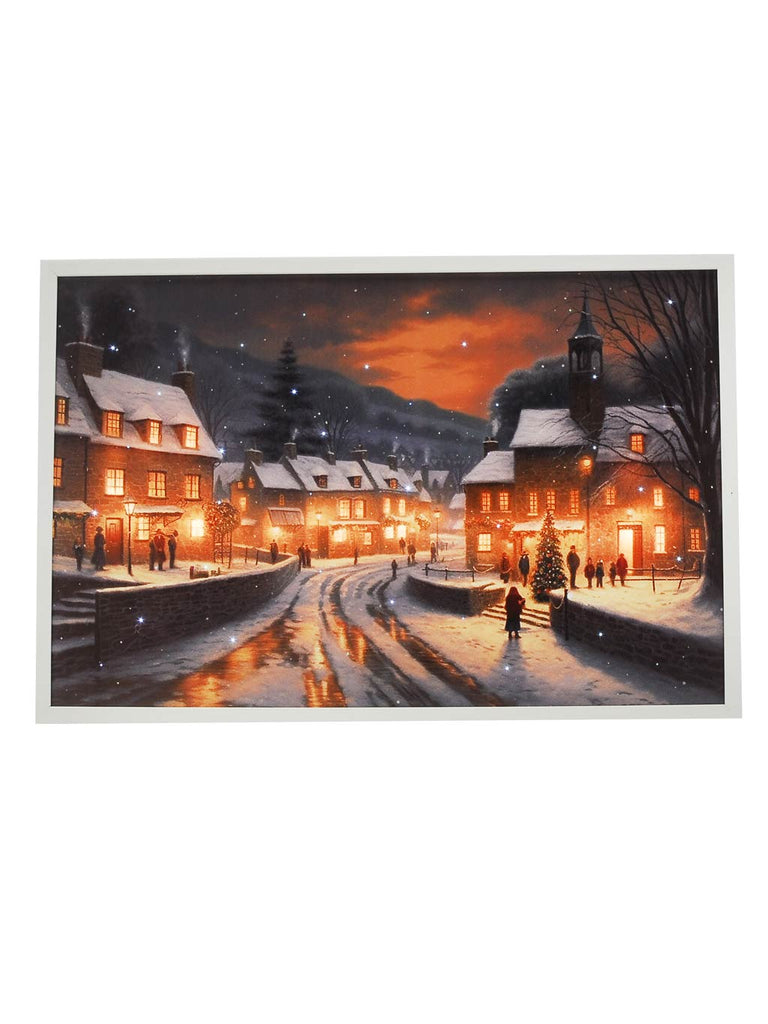 60cm B/O Lit Snowy Village Scene with Frame
