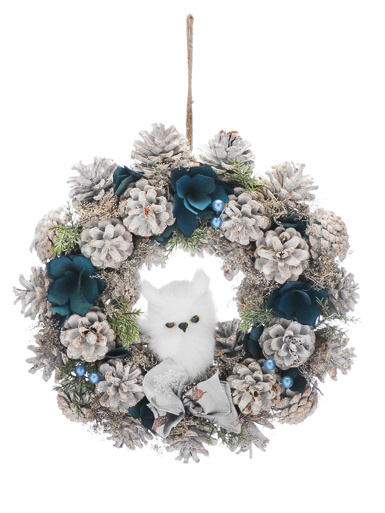 30cm White Pinecones Wreath with Owl