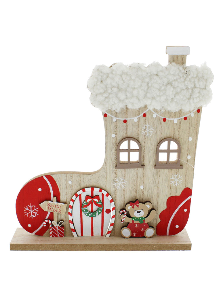24cm Wooden Boot Shape House with Teddy