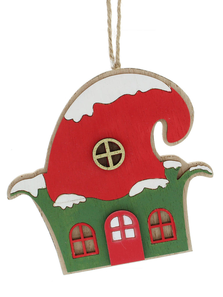 12cm Hanging Wooden Green Elf House with Santa Hat Roof