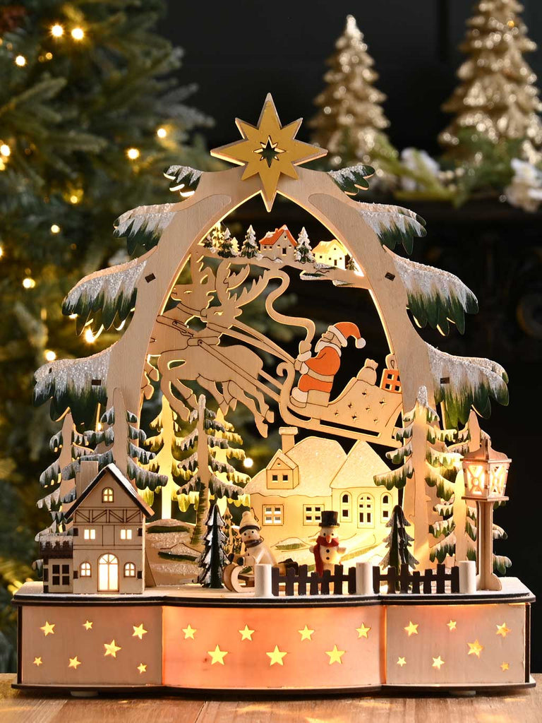 35cm B/O Lit Wooden Santa Sleigh Scene