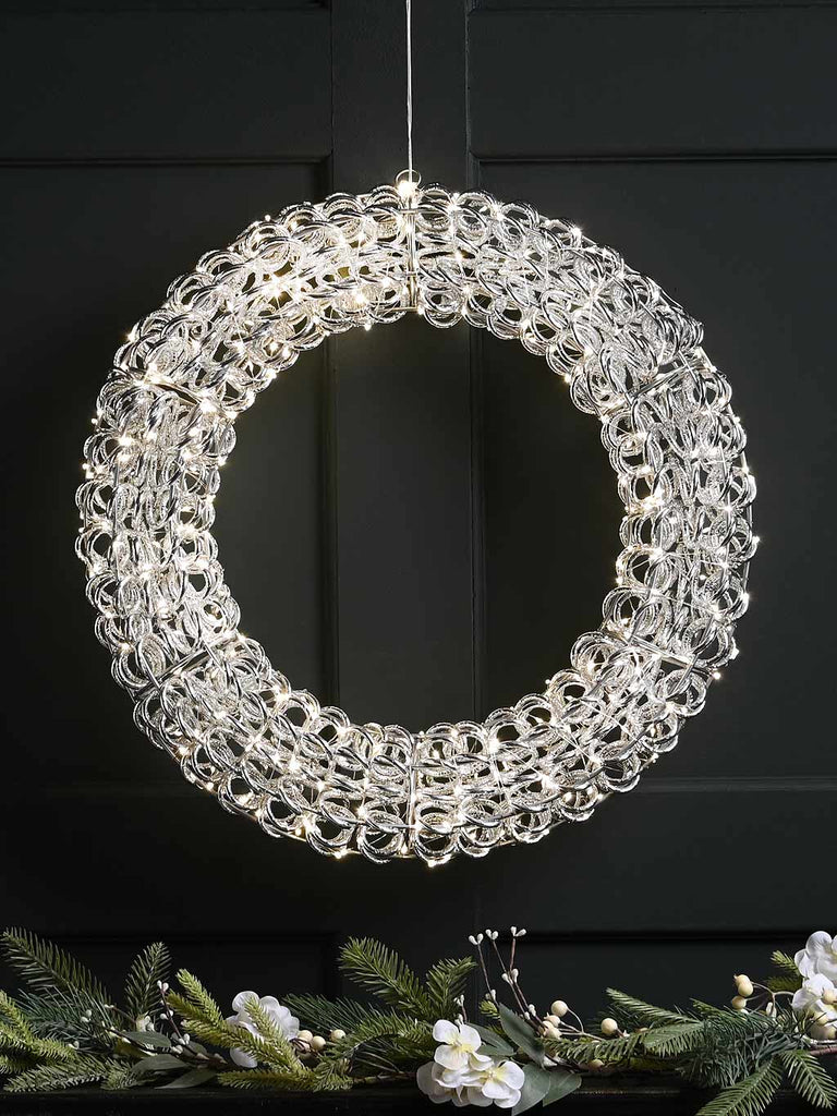 50cm Lit Silver Spiral Twirl Wreath