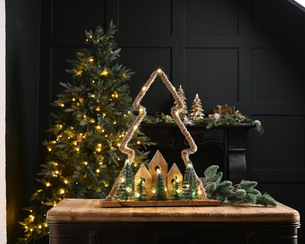 47cm B/O Lit Wooden Village with Jute Rope Tree