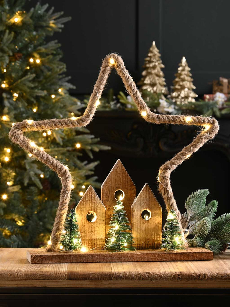 39cm B/O Lit Wooden Village with Jute Rope Star