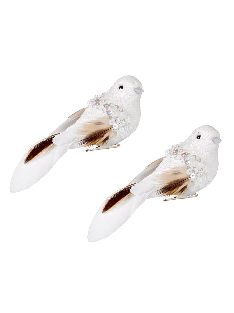 Set of 2 - 11cm White Glitter Beaded Bird with Feather Tail