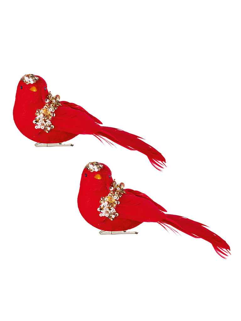 Set of 2 - 17cm Red Velvet Sequin Birds