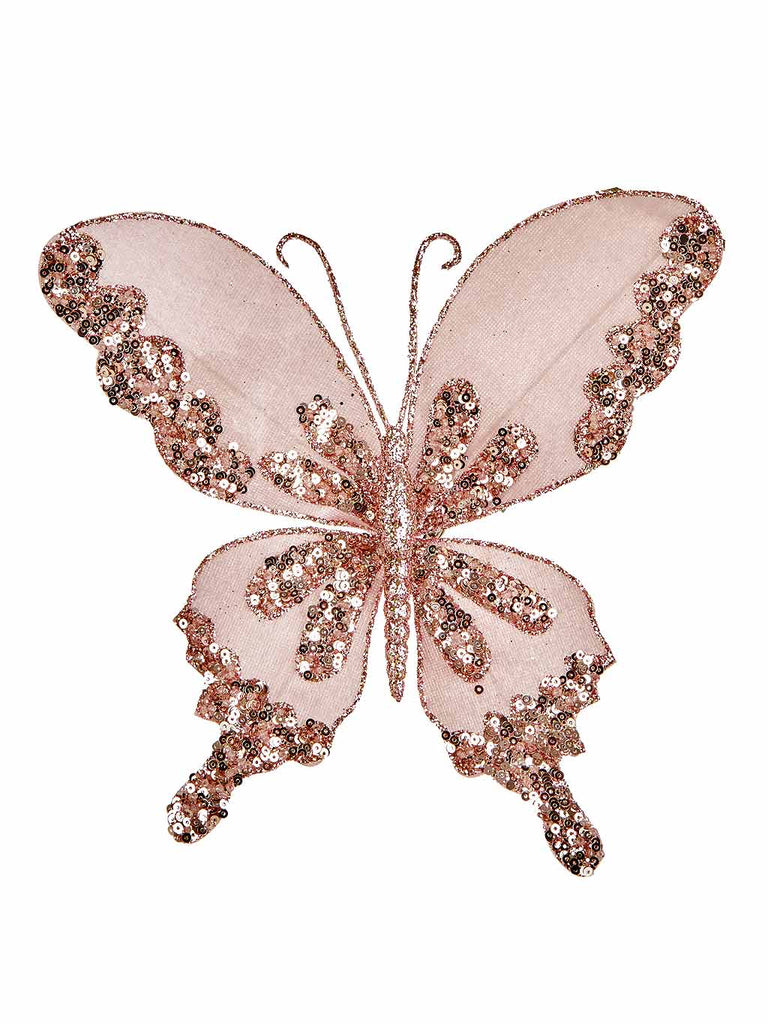 21cm Pink Velvet Butterfly with Sequins on Clip