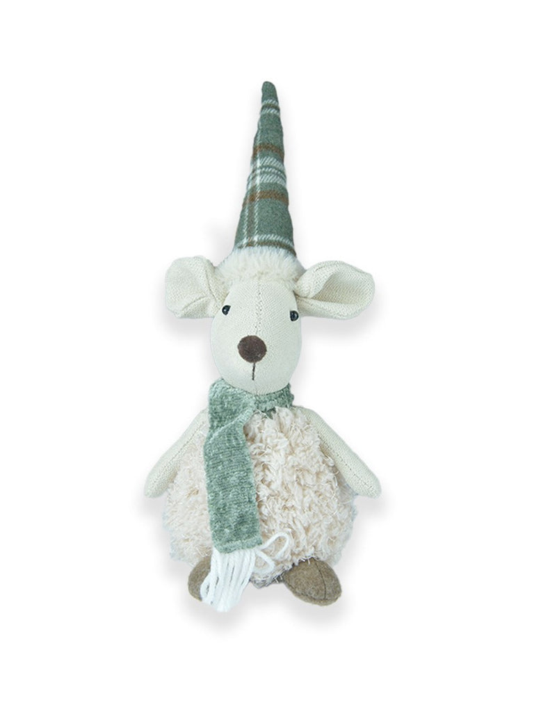 30cm Sitting Moose with Large Checked Hat Sage Green