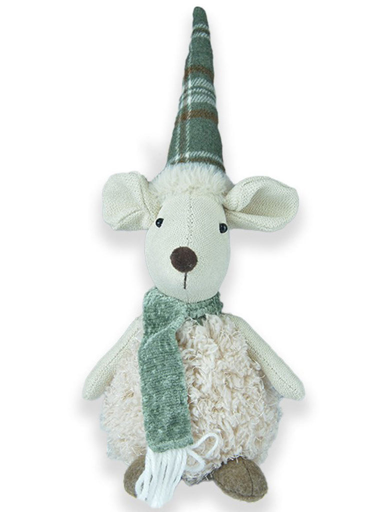 30cm Sitting Moose with Large Checked Hat Sage Green