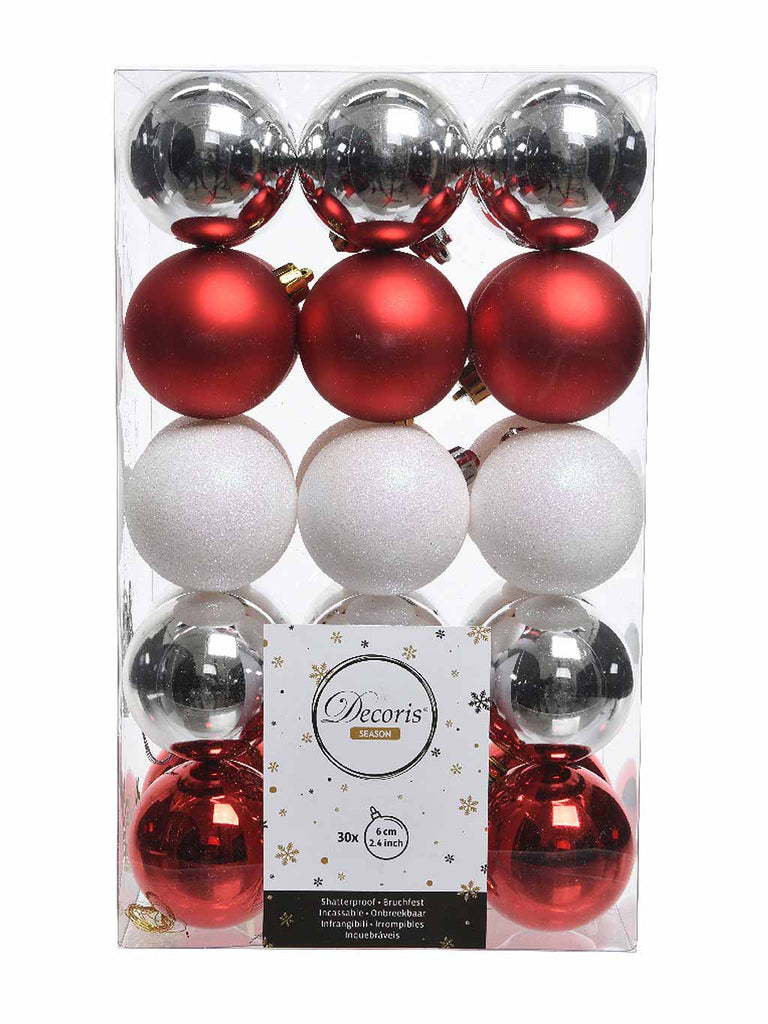 Pk 30 x 60mm Shatterproof Baubles - White, Silver and Red