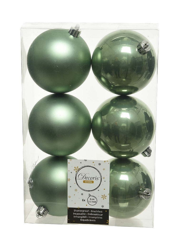 Pk 6 x 80mm Shatterproof Baubles - Sage Green