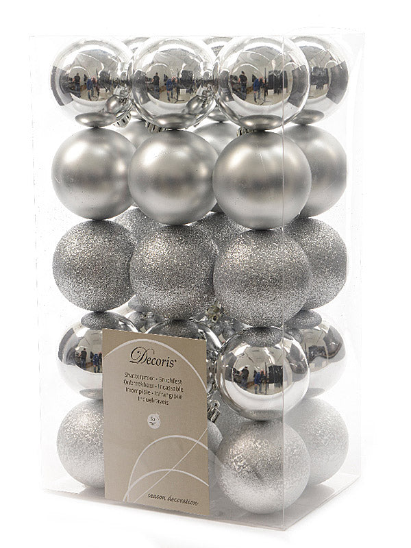 30 x 6cm Mixed Shatterproof Baubles - Silver