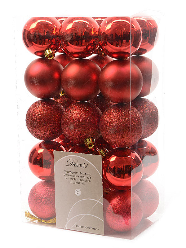 30 x 6cm Mixed Shatterproof Baubles - Red