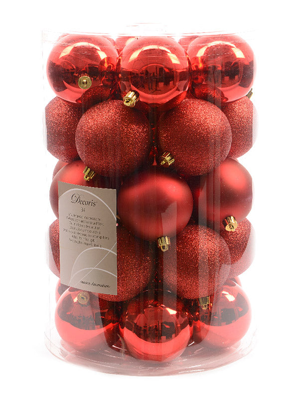 Pk 34 x 80mm Shatterproof Baubles - Christmas Red