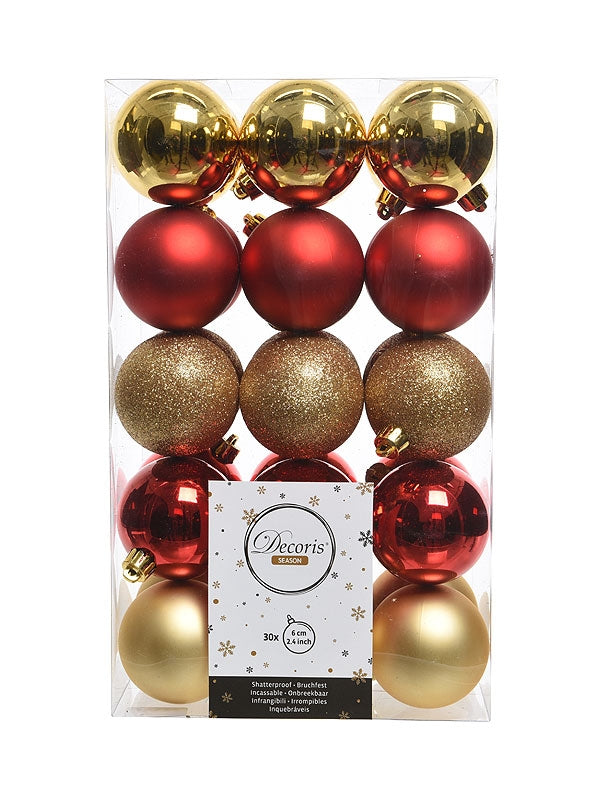 Pk 30 x 60mm Shatterproof Baubles - Red and Gold