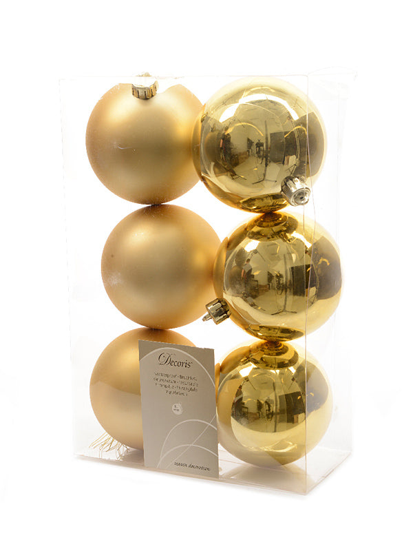 Pk 6 x 80mm Shatterproof Baubles - Light Gold