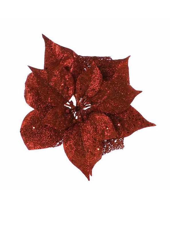 23cm Glitter Clip On Poinsettia - Red