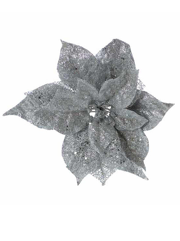 23cm Glitter Clip On Poinsettia - Silver