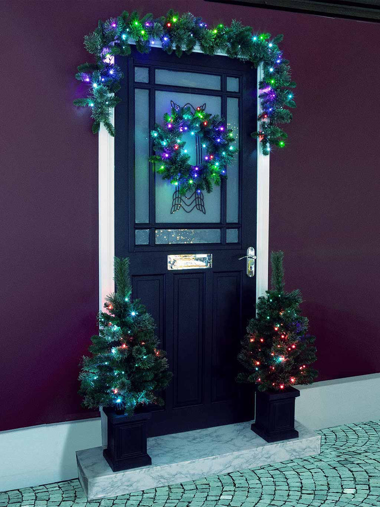 Colour Change Xmas Door Set with Wreath, Garland & 2 Trees