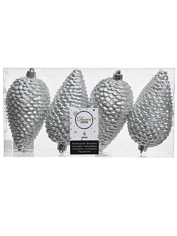 PK 4 - 12cm Silver Pinecones 