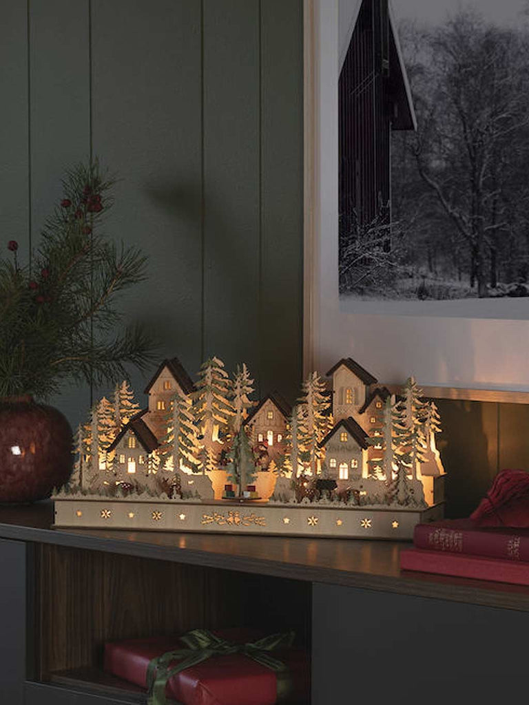 Wooden Silhouette Figures & Village Scene