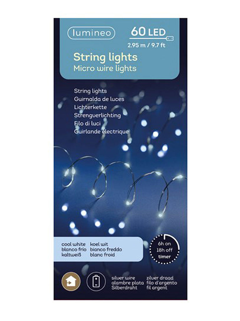 60 Micro LED String Lights with Silver Wire - White