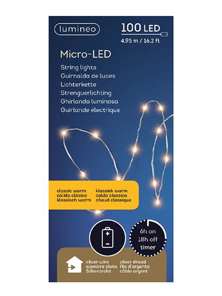 100 Static Micro LED Battery Operated String Lights - Classic Warm/Silver Cable