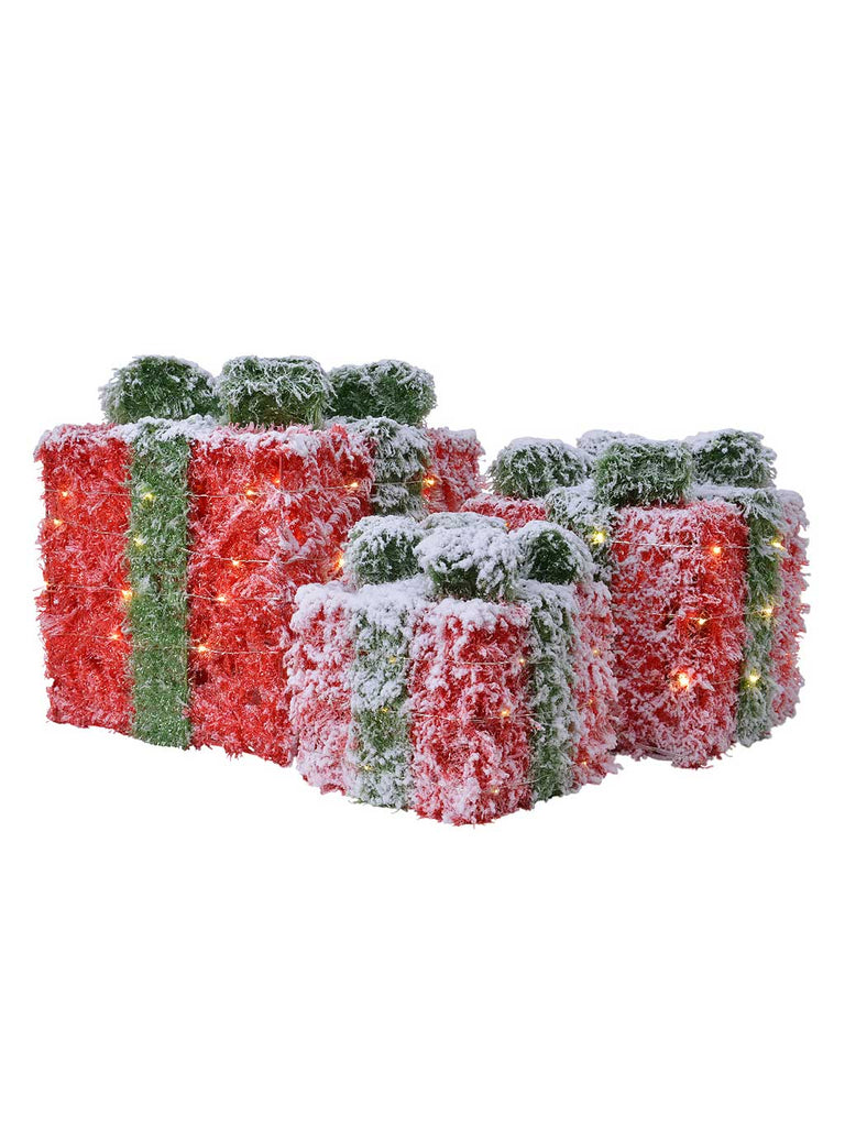 Set of 3 Battery Operated LED Red and Green Tinsel Giftbox with Snowy Finish