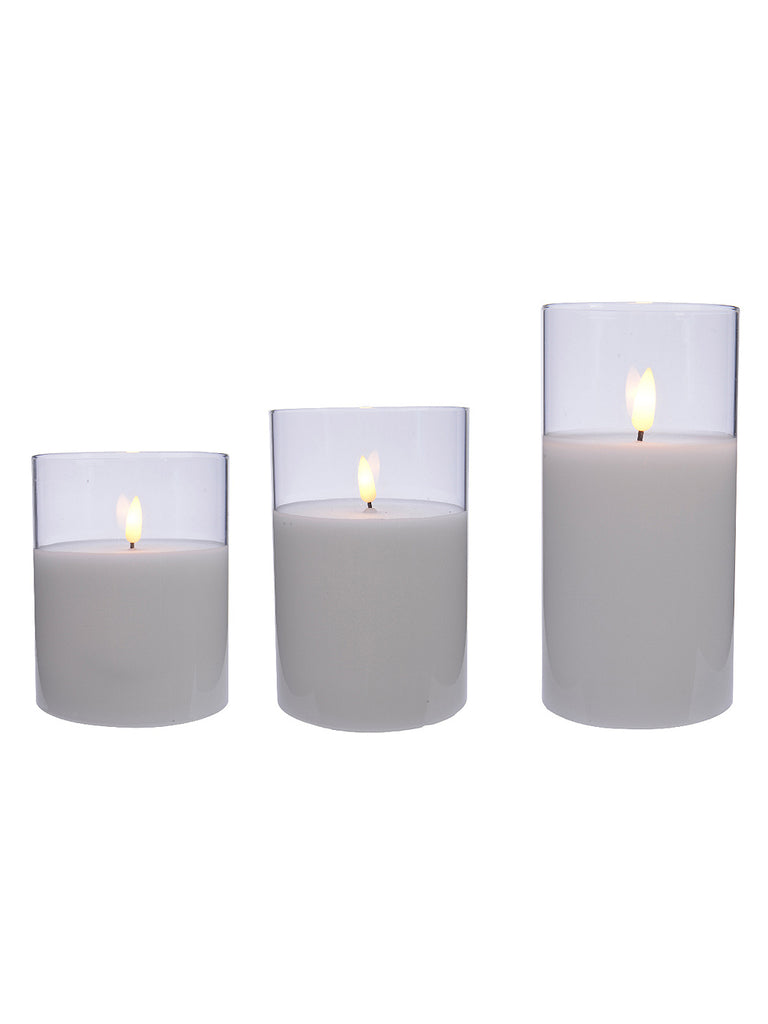 Set of 3 Battery Operated  LED Wax Candle In Glass - White with Clear Glass