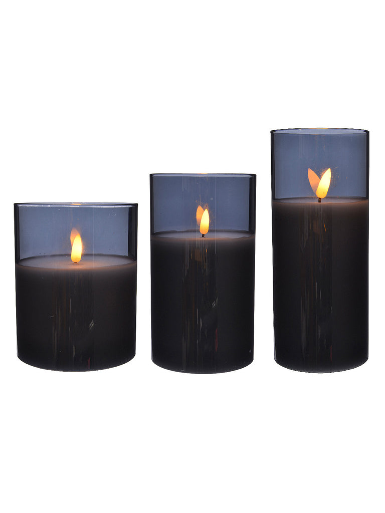 Set of 3 Battery Operated LED Wax Candle In Glass - White with Smokey Glass