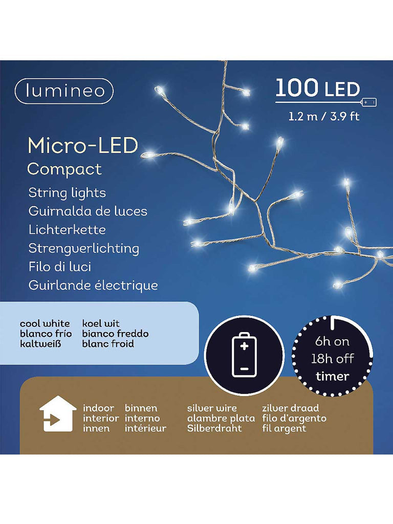 100 Micro LED Battery Operated Static Compact Lights - White/Silver Cable