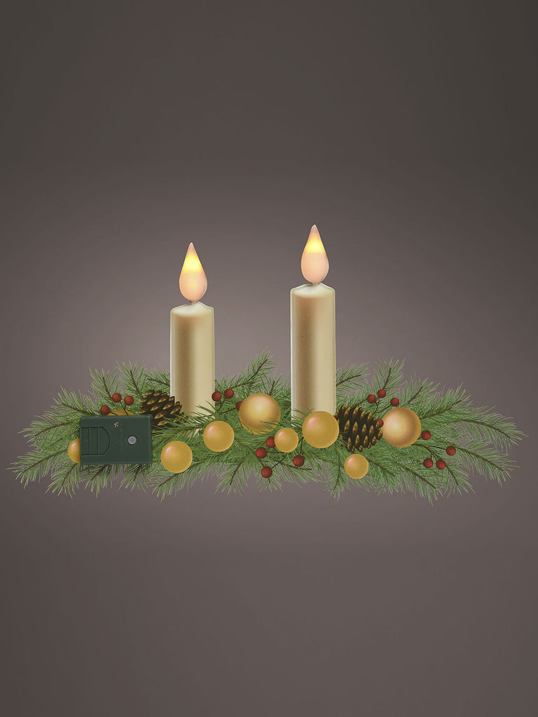 LED Window Decoration - Wreath with Two Candles Fire Flame Effect 