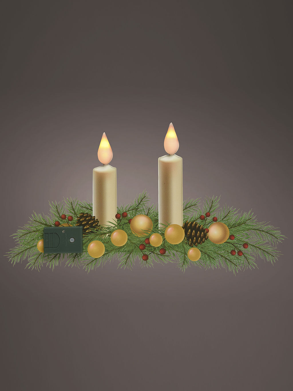 LED Window Decoration - Wreath with Two Candles Fire Flame Effect ...
