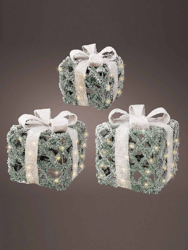 Set of 3 Battery Operated Micro LED Parcels with Snowy Finish