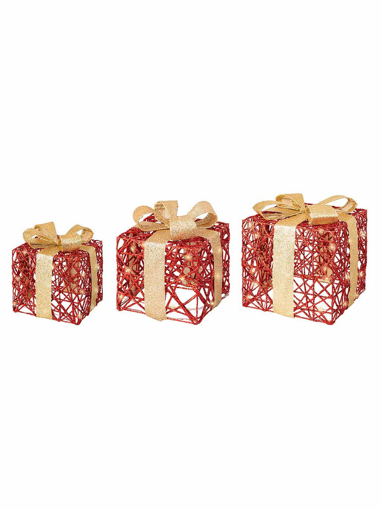 Set of 3 Micro LED B/O Parcels - Red & Gold