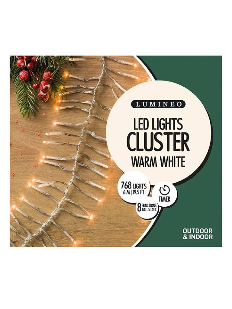 768 LED Twinkle Christmas Cluster Lights - Warm White with Clear Cable