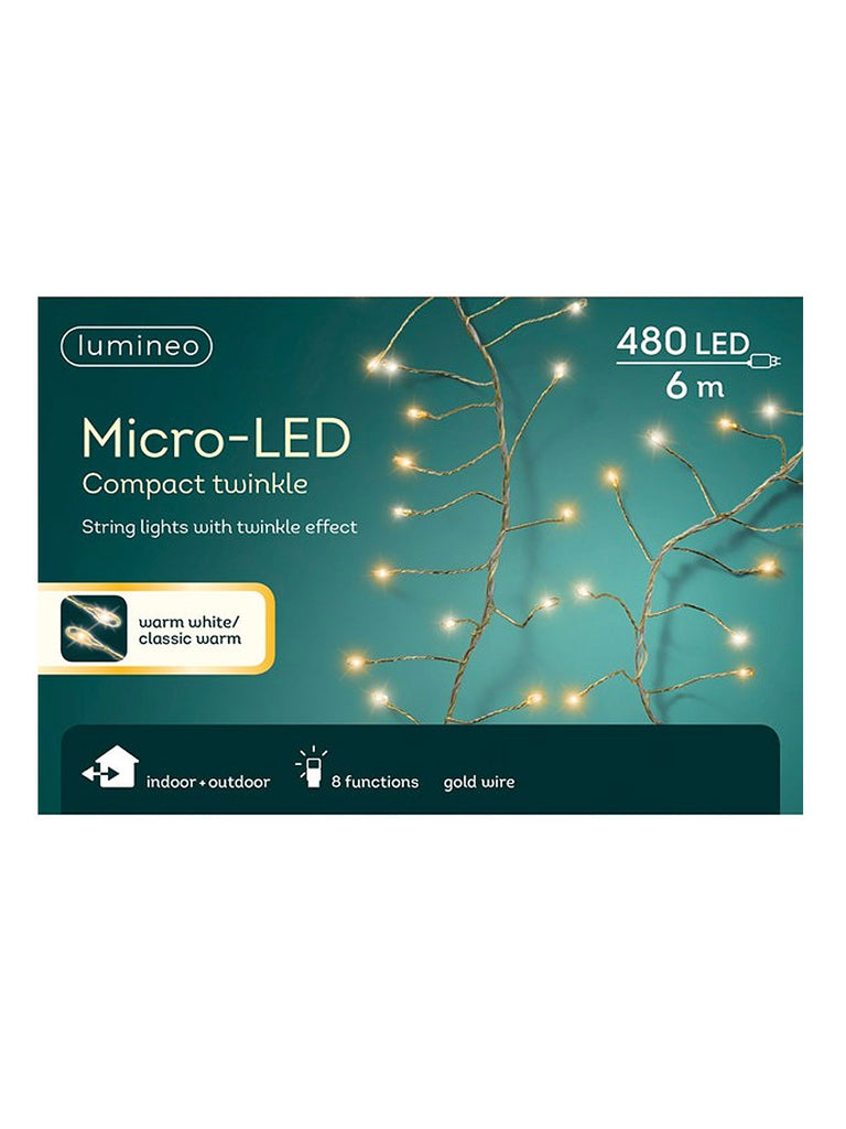 480 Micro LED Compact Twinkle Christmas Lights Gold Wire - Warm White/White Mix
