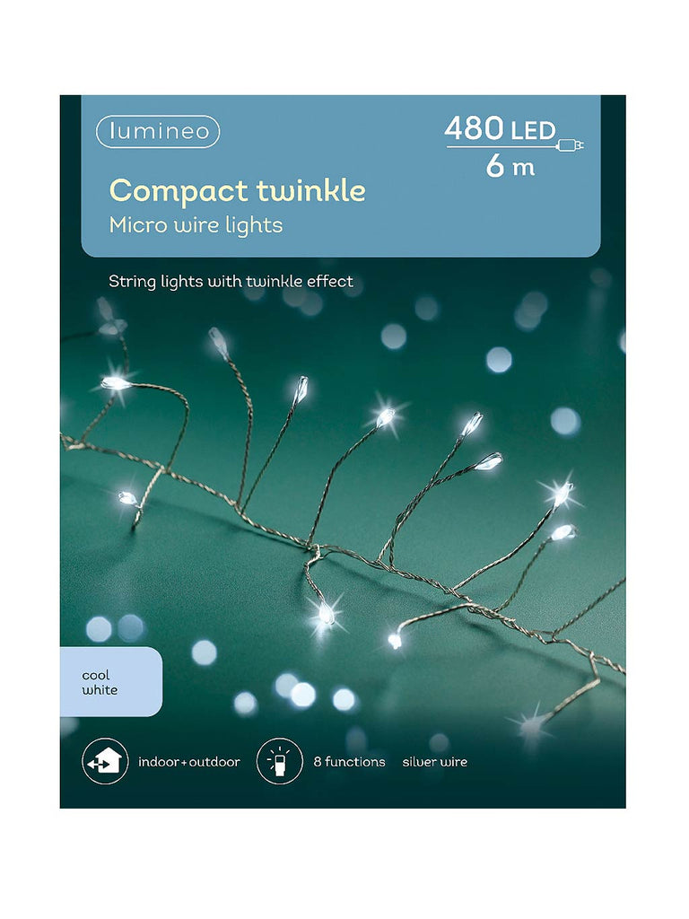 480 Micro LED Twinkle Compact Lights - White with Silver Wire