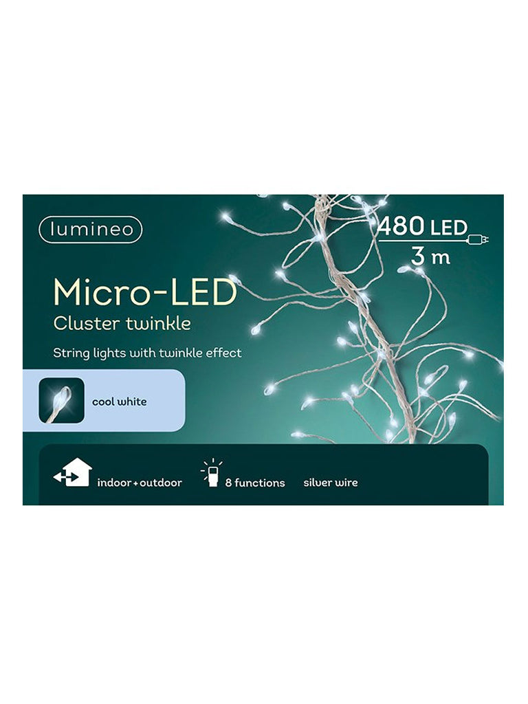 480 Micro LED Twinkle Cluster Light - White with Silver Wire 